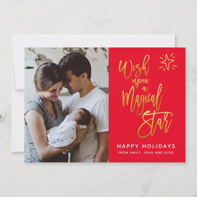 Wish Upon a Magical Star Gold Script Red Photo Holiday Card (Front)