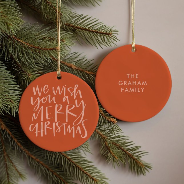 "Wish You a Merry Christmas" Cherry Red Ceramic Ornament (Hand-lettered We Wish You a Merry Christmas carol family name red ornament)