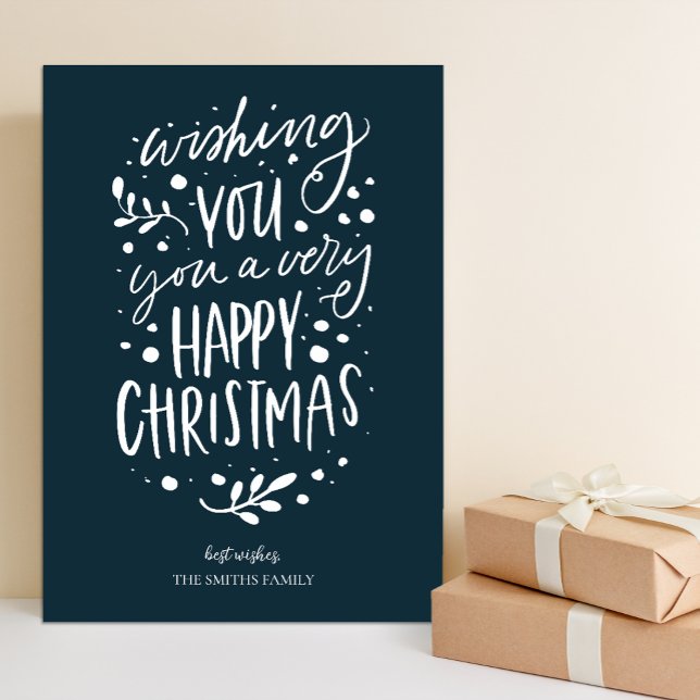 Wish You Merry Christmas Blue Script Non Photo Holiday Card (Creator Uploaded)