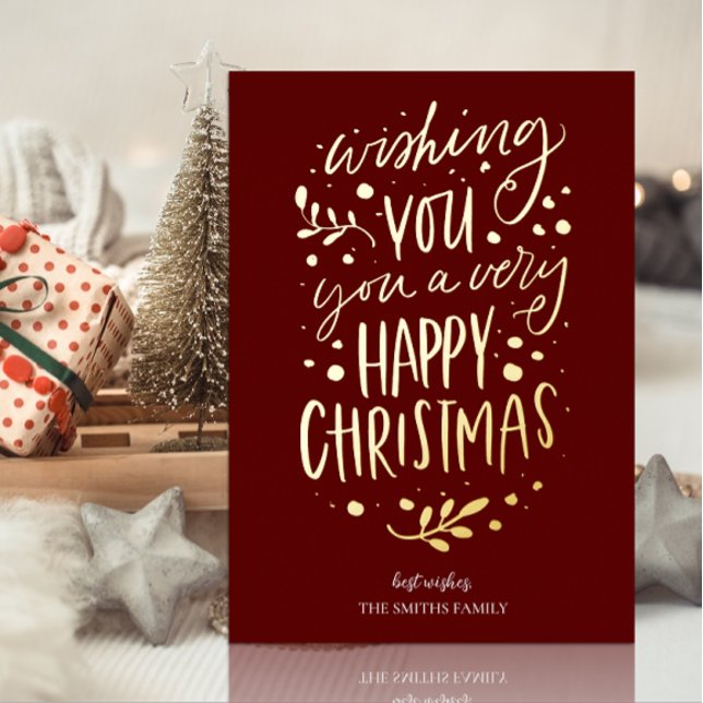 Wish You Merry Christmas Red Gold Script Non Photo Foil Holiday Card (Creator Uploaded)