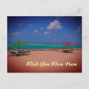 Wish You Were Here red green umbrellas Barbados Postcard