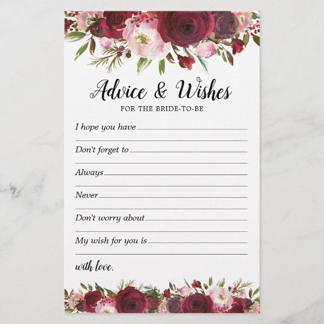 Wishes & Advice Burgundy Bridal Shower (Front)