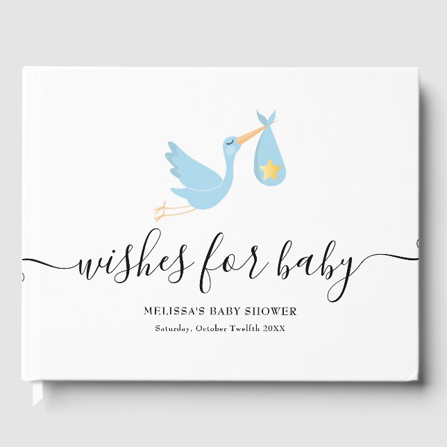 Wishes for Baby Blue Stork Star Baby Boy Shower Guest Book (Front)