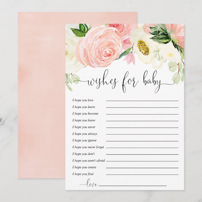 Wishes for Baby Card Pink gold greenery floral  (Front/Back)