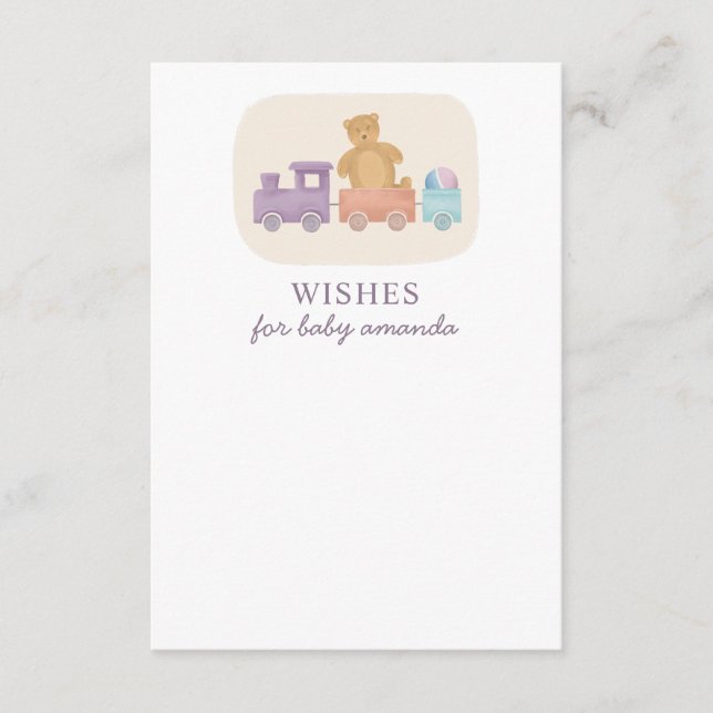 Wishes for baby. Cute toys train and bear. Advice Enclosure Card (Front)