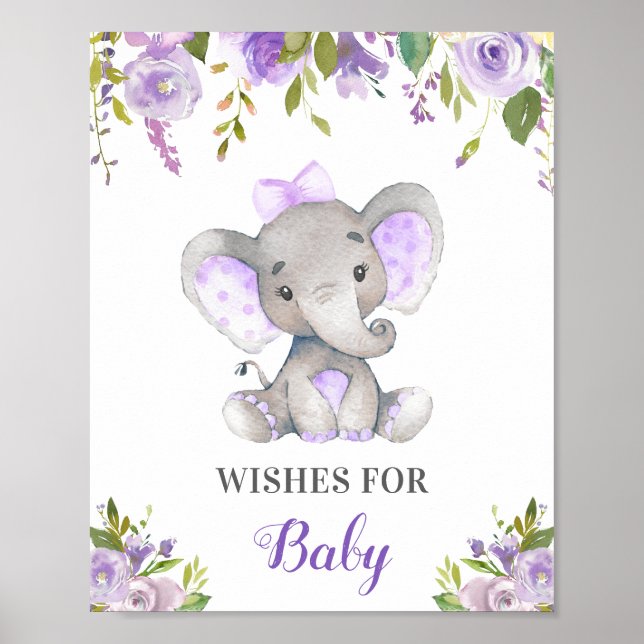 Wishes for Baby Girl Purple Lilac Elephant Shower Poster (Front)