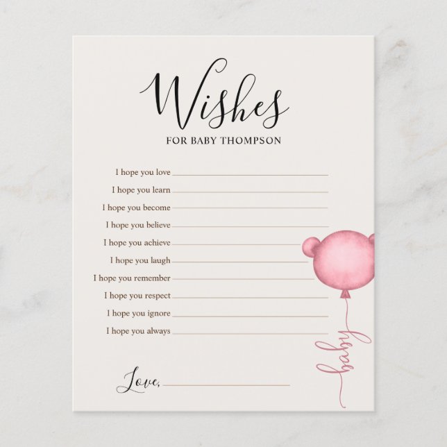 Wishes for baby Pink Beary Cute Baby Shower Game (Front)