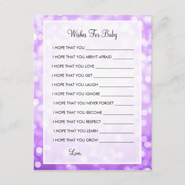 Wishes For Baby Shower Purple Glitter Lights Advice Card (Front)