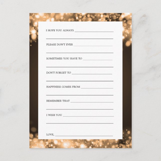 Wishes For Bride And Groom Gold Sparkling Lights Advice Card (Front)