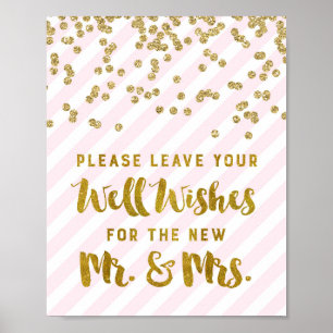 Wishes for Mr & Mrs Wedding Sign Pink Gold Stripes