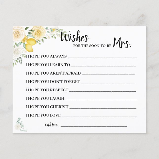 Wishes for Soon to be Mrs Lemons&Roses Shower Card (Front)