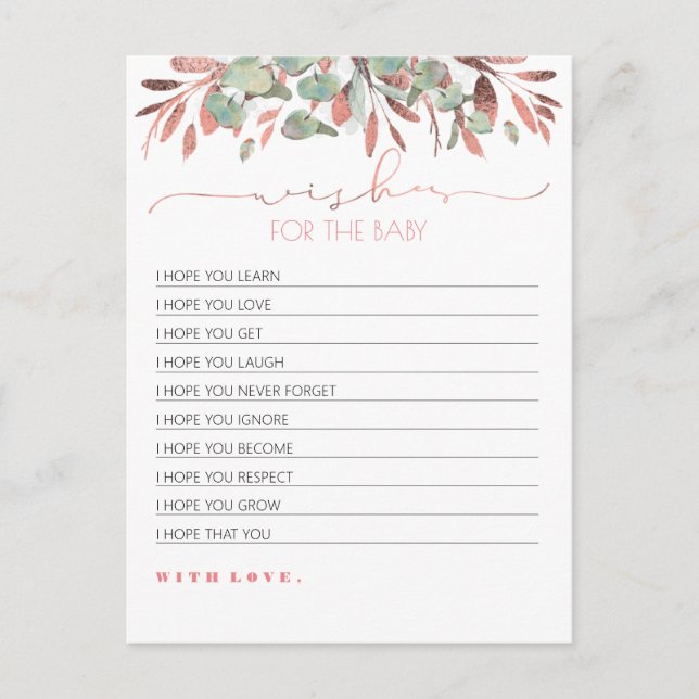 Wishes For The Baby Pink Gold Greenery Baby Shower Postcard (Front)