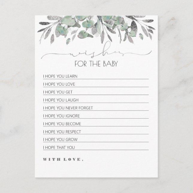 Wishes For The Baby Silver Greenery Baby Shower Postcard (Front)