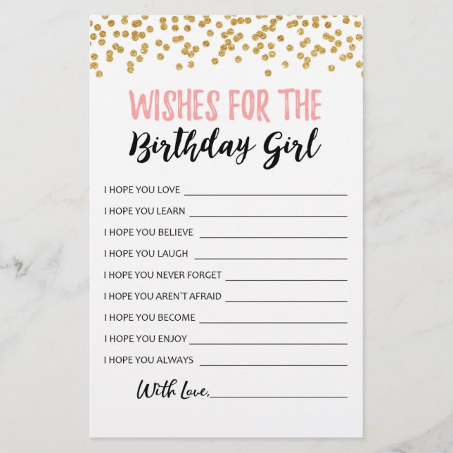 Wishes for the Birthday girl Birthday Party game (Front)