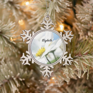 Wishes with White Daisies Personalized Snowflake Pewter Christmas Ornament