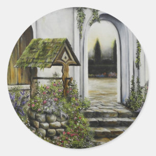 Wishing well garden ~Oil Painitng Classic Round Sticker