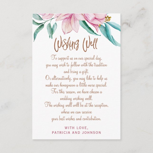 Wishing well glam floral pink copper script enclosure card (Front)