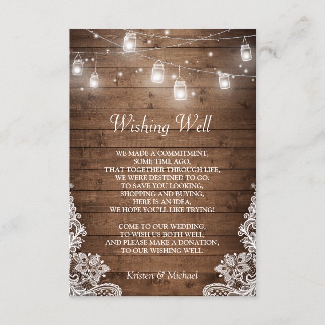 Wishing Well | Rustic Wood Mason Jar Lights Lace Enclosure Card (Front)