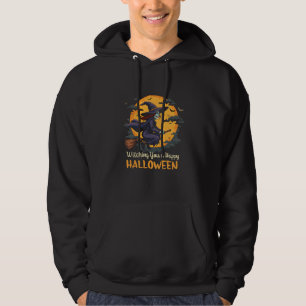 Wishing You a Happy Halloween Witch on Broomstick Hoodie