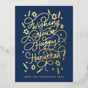 Wishing you a happy hanukkah handlettering foil holiday postcard