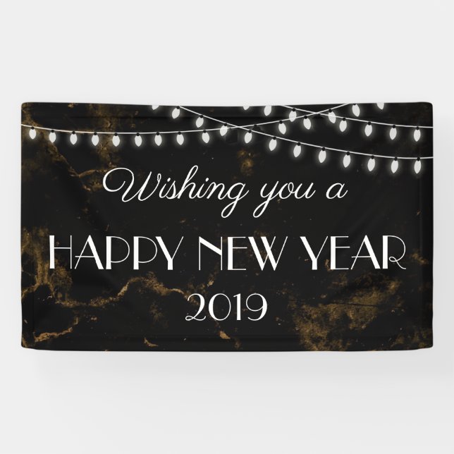 Wishing You A Happy New Year Lights Gold Marble Banner (Horizontal)