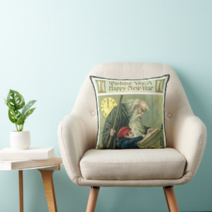 Wishing You a Happy New Year, Vintage Father Time  Throw Pillow