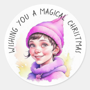 Wishing You a Magical Christmas Vintage Elf Classic Round Sticker