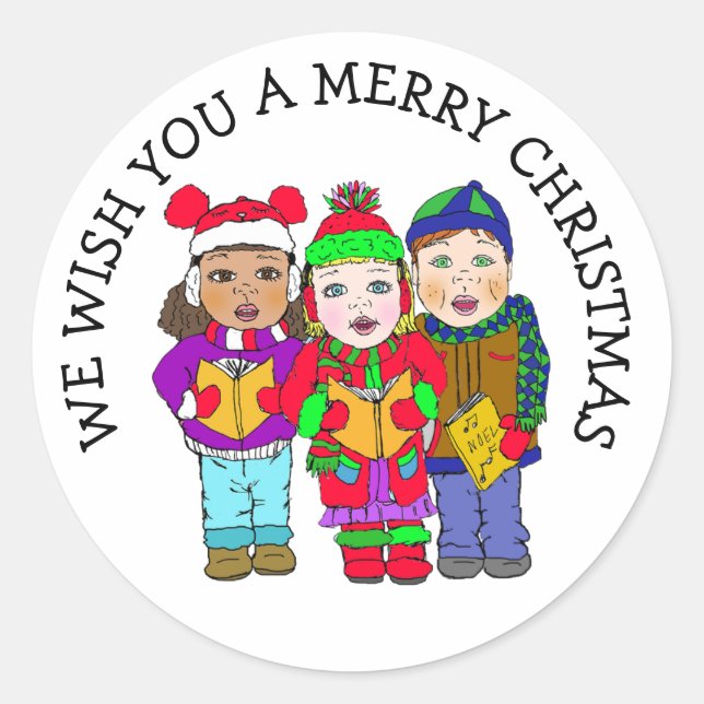 Wishing you a Merry Christmas Carolers Classic Round Sticker (Front)