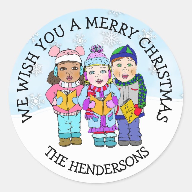 Wishing you a Merry Christmas Carolers Classic Round Sticker (Front)