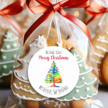Wishing You a Merry Christmas Personalized Classic Round Sticker<br><div class="desc">Pretty watercolor rainbow Christmas tree personalized holiday stickers. Wishing you a Merry Christmas/</div>