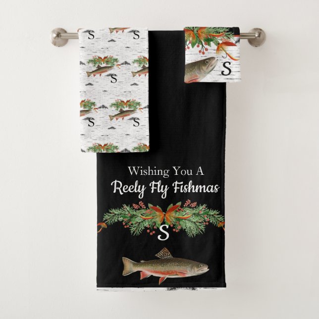 Wishing You a Reely Fly Fishmas, Trout Christmas  Bath Towel Set (Insitu)