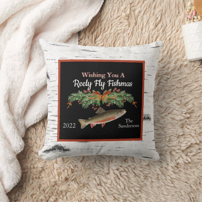Wishing You a Reely Fly Fishmas, Trout Christmas   Throw Pillow (Blanket)