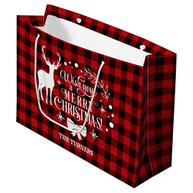 Wishing You Merry Christmas Red Buffalo Monogram Large Gift Bag (Front Angled)