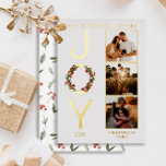 Wishing You Peace Love and Joy 3 Photo Christmas Foil Holiday Card<br><div class="desc">Wishing You Peace, Love and "Joy" Christmas Holiday design featuring a wreath overlaid on the "O" in "Joy" on the left with three photos of your choosing on the right. Simply add the year and your family name to complete the design. The back features a repeat pattern of holiday greenery...</div>