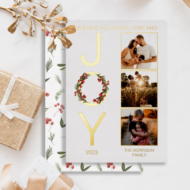 Wishing You Peace Love and Joy 3 Photo Christmas Foil Holiday Card (Real gold foil "Wishing You Peace, Love and JOY" Christmas Holiday Three-Photo Card)
