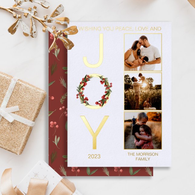 Wishing You Peace Love and Joy 3 Photo Christmas Foil Holiday Card (Real gold foil "Wishing You Peace, Love and JOY" Christmas Holiday Three-Photo Card)