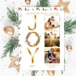 Wishing You Peace Love and Joy 3 Photo Christmas Holiday Card<br><div class="desc">Wishing You Peace, Love and "Joy" Christmas Holiday faux foil gold-toned design featuring a wreath overlaid on the "O" in "Joy" on the left with three photos of your choosing on the right. Simply add the year and your family name to complete the design. The back features a repeat pattern...</div>