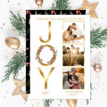 Wishing You Peace Love and Joy 3 Photo Christmas Holiday Card<br><div class="desc">Wishing You Peace, Love and "Joy" Christmas Holiday faux foil gold-toned design featuring a wreath overlaid on the "O" in "Joy" on the left with three photos of your choosing on the right. Simply add the year and your family name to complete the design. The back features a repeat pattern...</div>