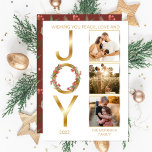 Wishing You Peace Love and Joy 3 Photo Christmas Holiday Card<br><div class="desc">Wishing You Peace, Love and "Joy" Christmas Holiday faux foil gold-toned design featuring a wreath overlaid on the "O" in "Joy" on the left with three photos of your choosing on the right. Simply add the year and your family name to complete the design. The back features a repeat pattern...</div>