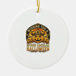 Wishing You Spook Tacular Halloween Pumpkins Cowbo Ceramic Ornament