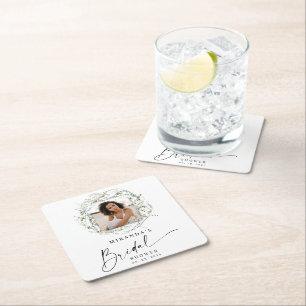 Wisps of Eucalyptus Greenery Photo Bridal Shower  Square Paper Coaster