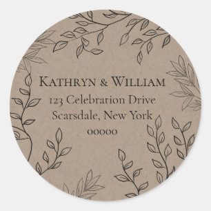 Wispy Black Floral Outlines Kraft Return Address Classic Round Sticker