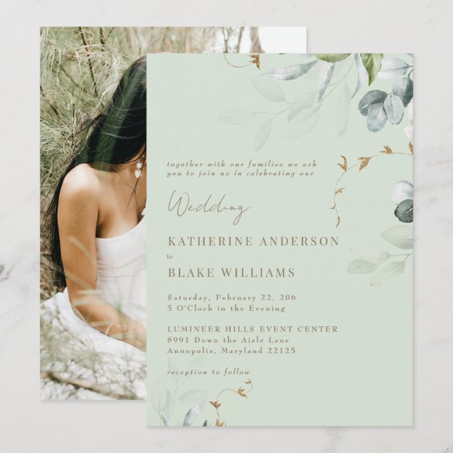 Wispy Foliage Light Sage Photo Wedding Invitation (Front/Back)