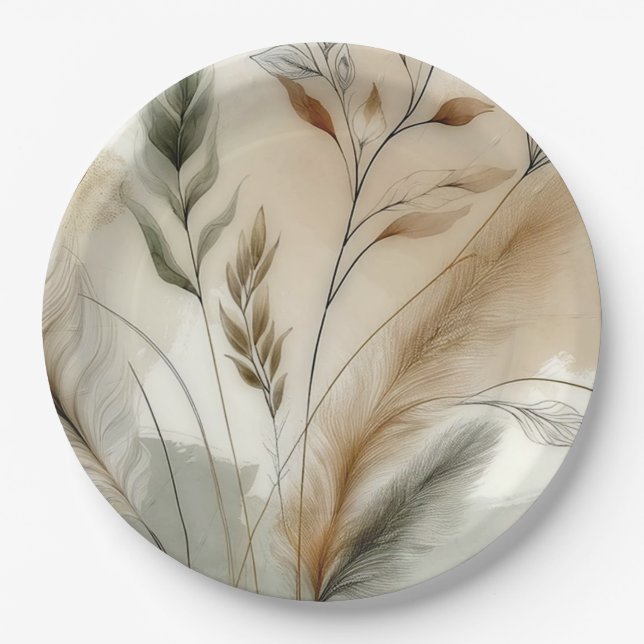 Wispy Greenery Modern Botanical Boho Wedding Paper Plate (Front)