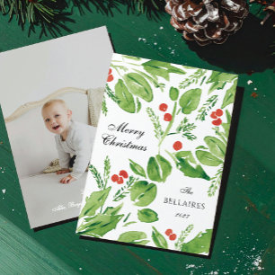 Wispy Holly Green and Red Watercolor Photo Holiday Card