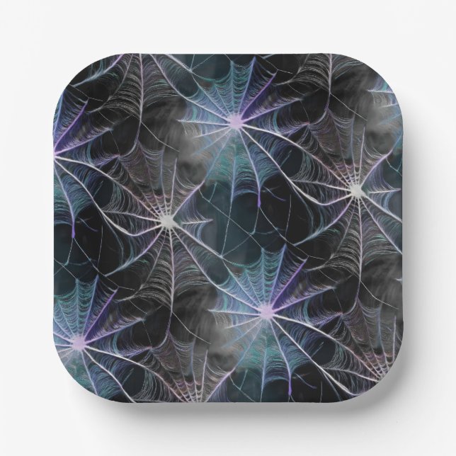 Wispy Spiderwebs in Blue and Silver Paper Plate (Front)
