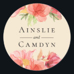 Wispy Watercolor Floral Champagne Classic Round Sticker<br><div class="desc">Beautiful soft watercolor flowers and foliage in red,  orange and peach on champagne background,  personalized sticker. Designed to match our Wispy Watercolor Collection.</div>