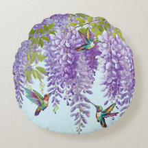 Wisteria And Hummingbirds Round Pillow