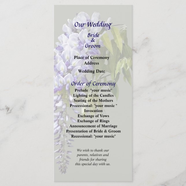 Wisteria and Leaves Wedding Program (Front)