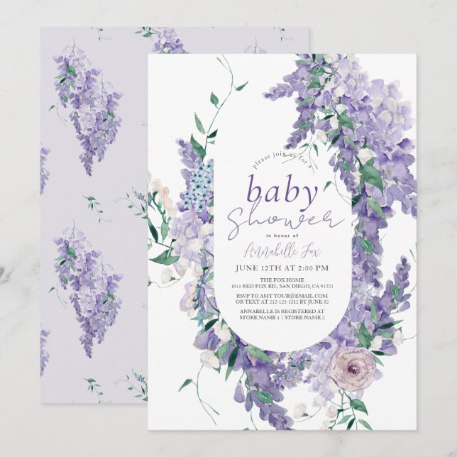Wisteria Dusty Purple Watercolor Baby Shower Invitation (Front/Back)